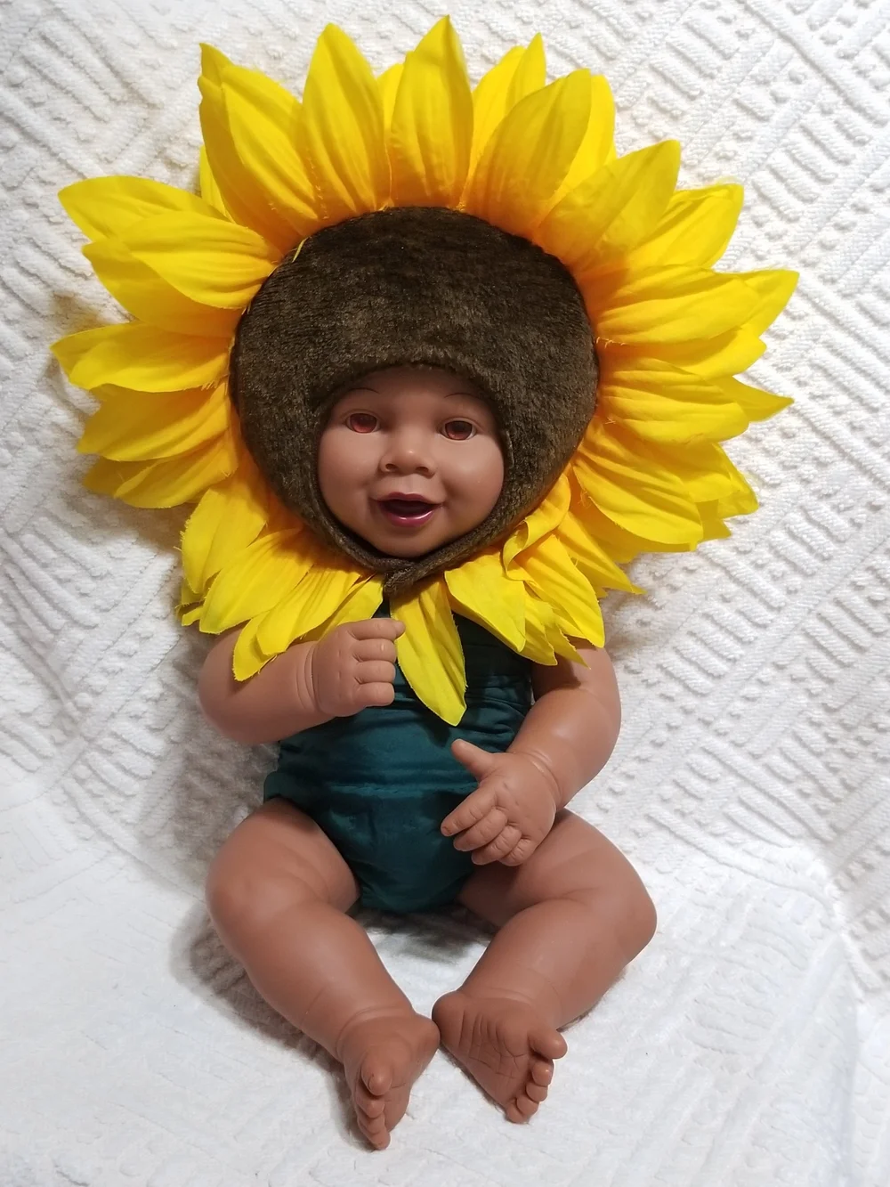 Vintage Anne Geddes Baby Doll With Yellow & Green Sunflower Costume & Headpiece